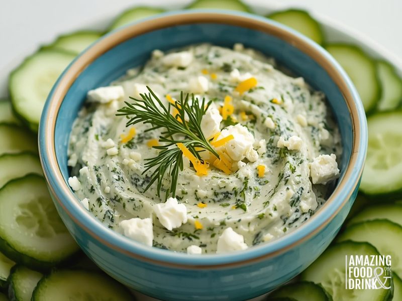 Mediterranean keto spinach dip with feta cheese, dill, and lemon zest in blue bowl