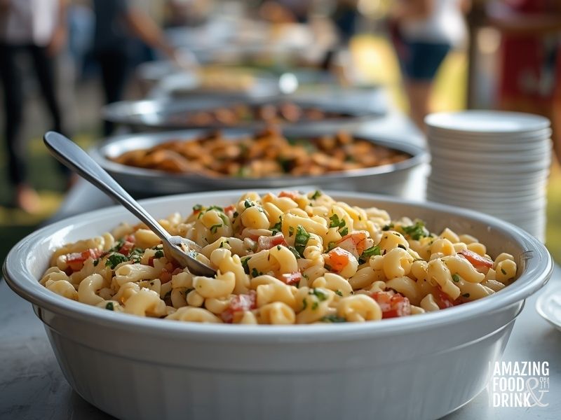Macaroni salad served in large bowl at outdoor potluck gathering with other dishes