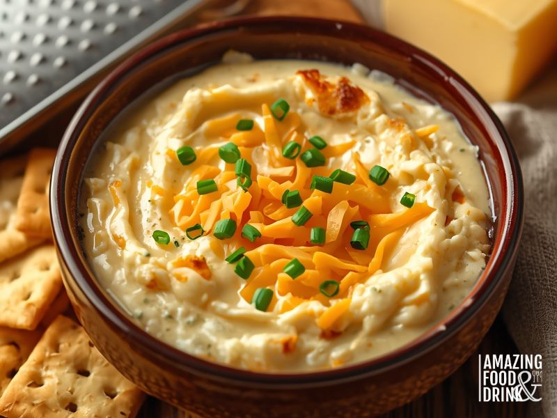 Cheese-enhanced onion dip with Parmesan and cheddar served with crackers