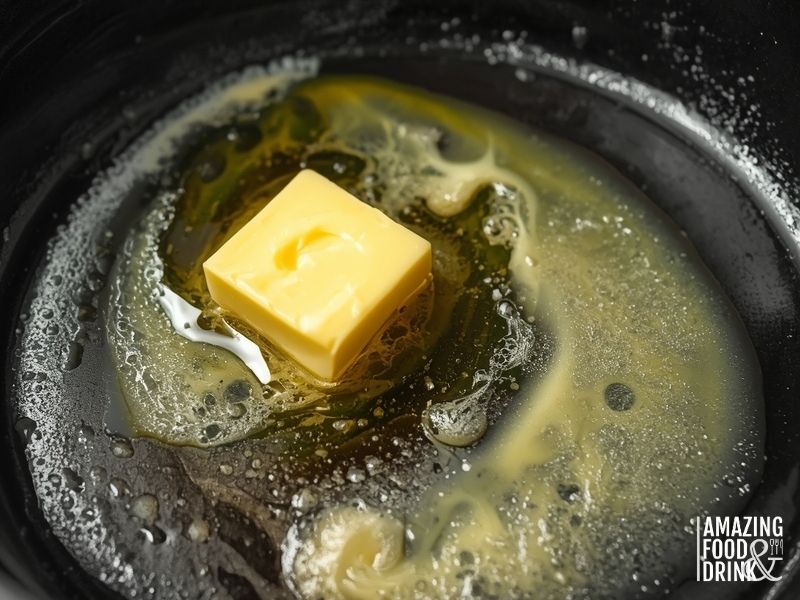 Butter foaming in hot pan at correct temperature for making egg toast bread showing proper sizzle test