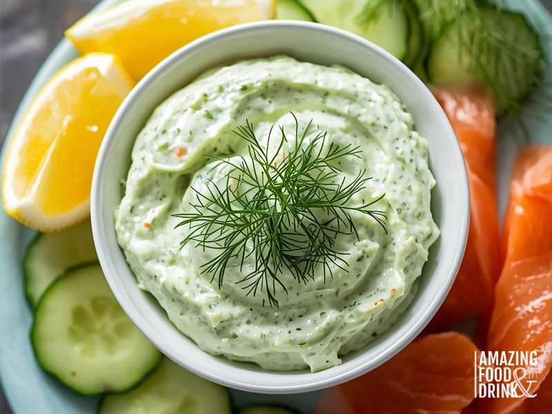 Fresh dill and herb onion dip garnished with dill fronds and served with cucumber and lemon