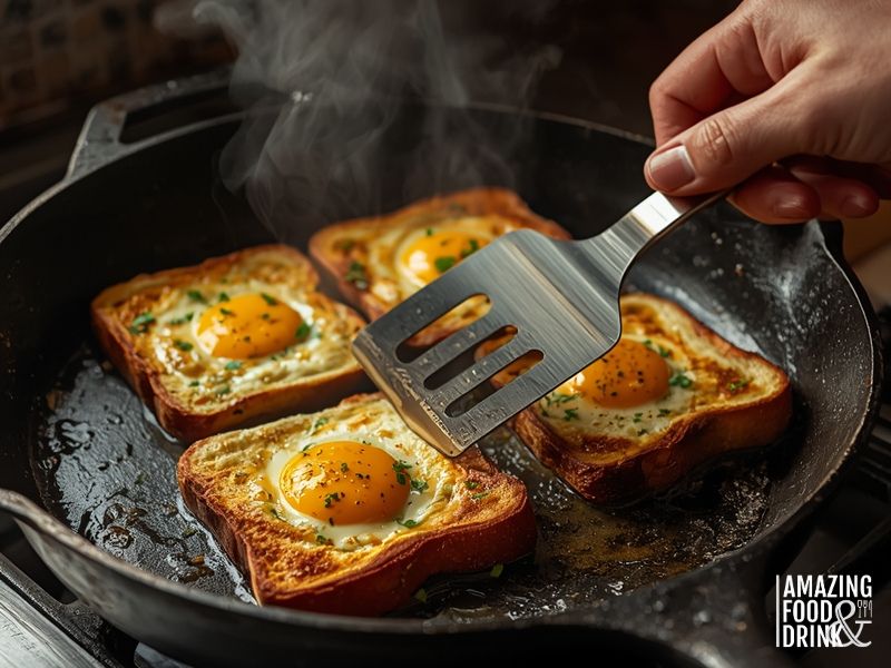 Indian Masala egg toast bread cooking in cast-iron pan showing golden caramelisation