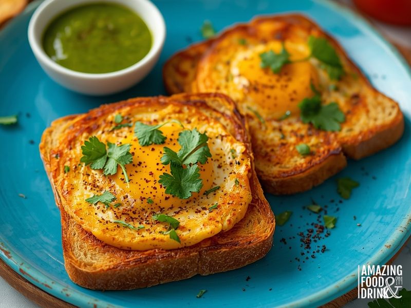 Mumbai-style Masala egg toast bread served with green chutney and traditional accompaniments
