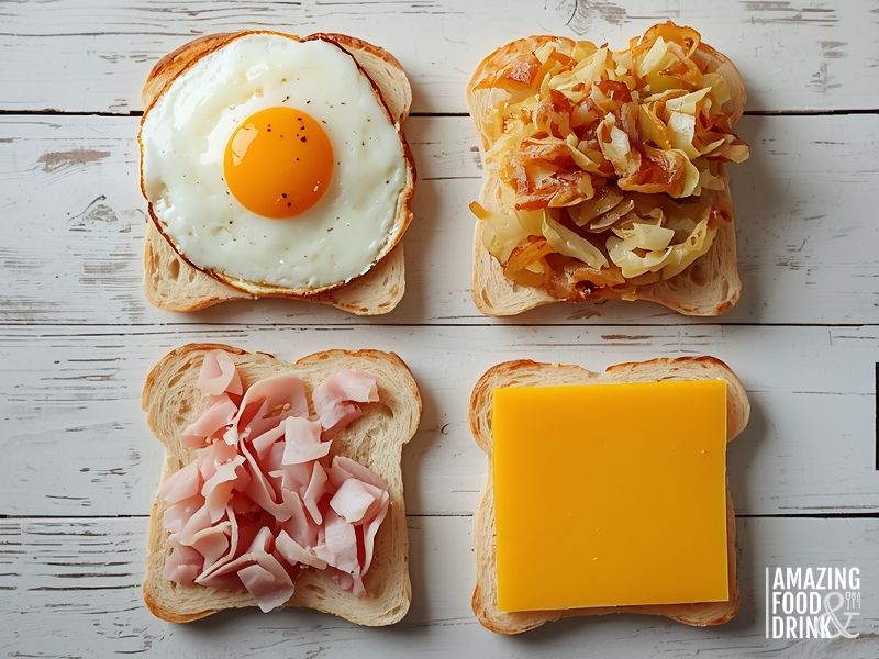 Assembly station for Korean egg toast bread showing layered ingredients on bread slices