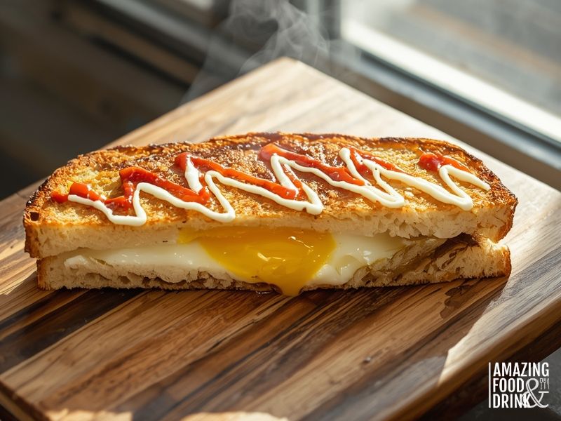 Finished Korean street-style egg toast bread with ketchup topping cut to show interior layers