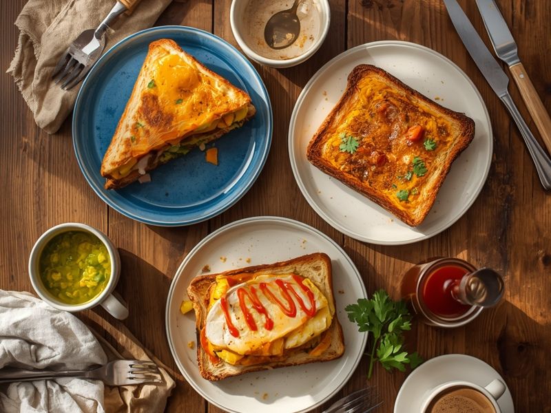 Complete egg toast bread breakfast spread showing three global styles - viral fold with melted cheese, Indian masala toast with spices, and Korean street toast with ketchup - alongside traditional accompaniments and coffee