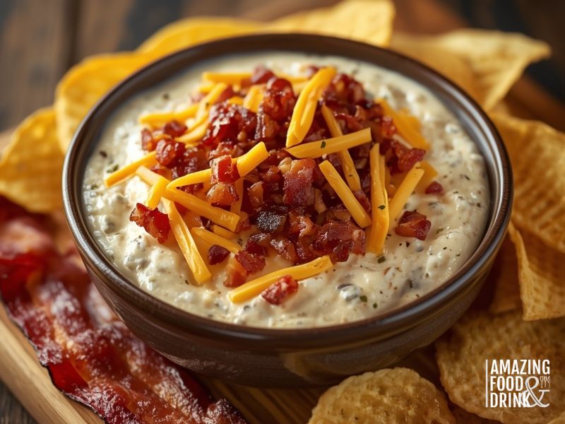 Bacon and cheddar onion dip topped with crispy bacon pieces and cheese served with kettle crisps