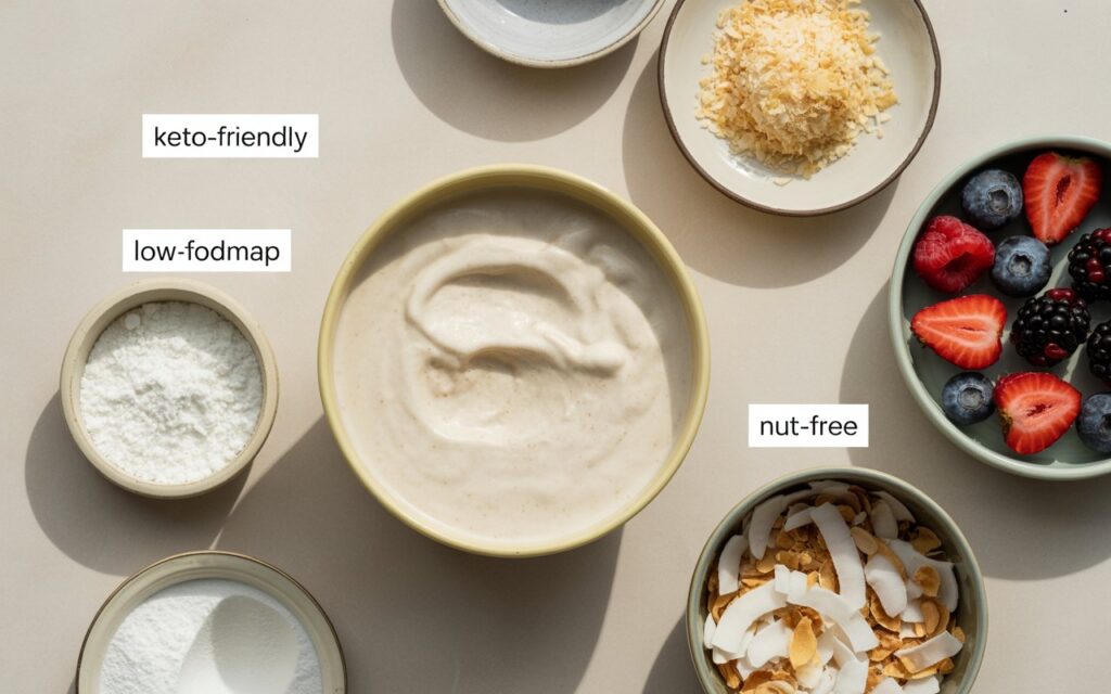 A clean, top-down editorial food image showing a bowl of creamy coconut milk ice cream on a neutral kitchen surface. Around it are neatly arranged small ingredient dishes: powdered erythritol, allulose, tapioca flour, fresh berries, and toasted coconut flakes. Subtle dietary cue cards reading &ldquo;Keto-Friendly&rdquo;, &ldquo;Low-FODMAP&rdquo;, and &ldquo;Nut-Free&rdquo; are placed discreetly nearby. Bright natural lighting, minimal styling, modern instructional food photography.