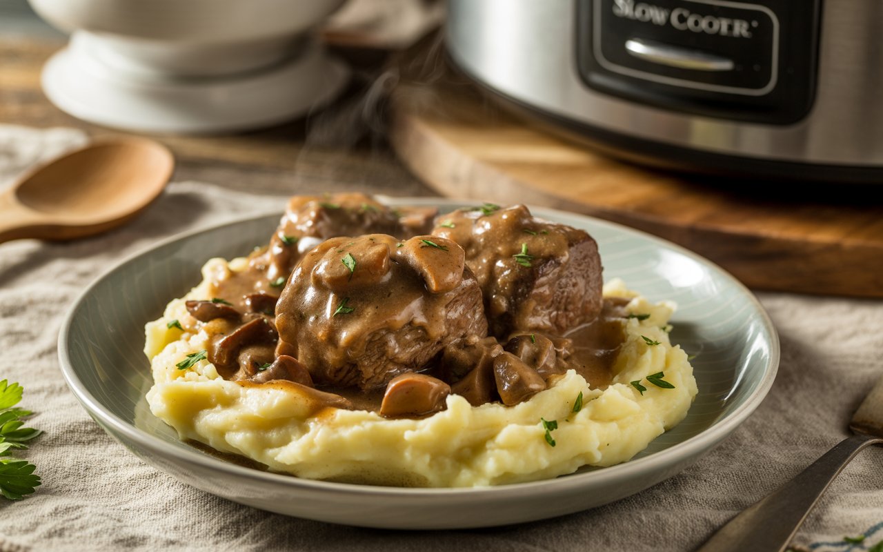 A rustic kitchen scene showing slow cooker cube steak finished in rich mushroom gravy, served over creamy mashed potatoes. Steam rising gently, glossy gravy coating tender beef, garnished with fresh parsley. Neutral linen tablecloth, warm natural lighting, wooden spoon and slow cooker visible in background, cosy comfort-food atmosphere.