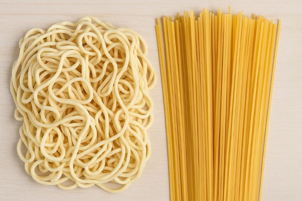 A high-resolution photo showing two bowls of noodles and pasta side by side on a wooden table, highlighting their visual differences in shape, colour, and texture.