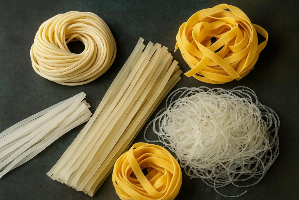 A high-resolution image featuring four types of noodles from different cultures, including rice noodles, egg noodles, soba, and glass noodles, arranged in bowls with regional garnishes on a rustic background.