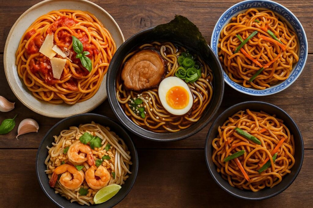 A high-resolution photo displaying four iconic noodle and pasta dishes from different countries, including ramen from Japan, spaghetti from Italy, pad Thai from Thailand, and chow mein from China, each plated with traditional garnishes.