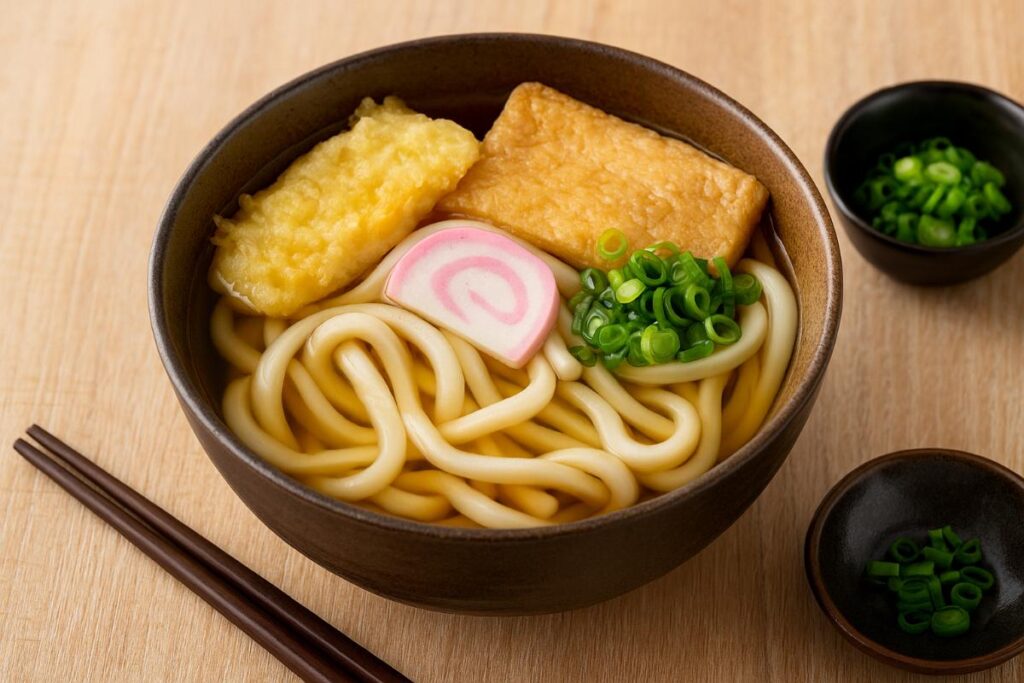 A high-resolution image of a traditional Japanese udon dish served in a ceramic bowl, featuring thick wheat noodles in a clear broth with sliced green onions, tempura, and seaweed on a wooden table.