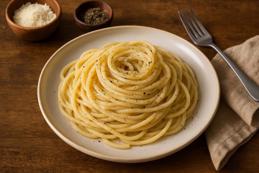 A high-resolution image of a plate of Italian Cacio e Pepe pasta, featuring spaghetti coated in a creamy Pecorino Romano and black pepper sauce, served on a rustic wooden table.