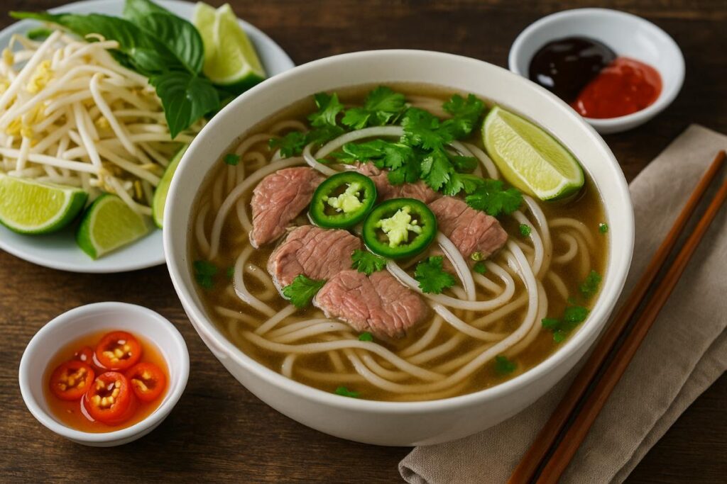  A high-resolution image of a traditional Vietnamese pho dish, featuring rice noodles in aromatic beef broth, topped with sliced beef, fresh herbs, bean sprouts, and lime wedges.