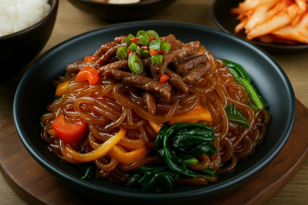 A high-resolution image of Korean Japchae featuring glossy glass noodles mixed with marinated beef, bell peppers, spinach, and garnished with spring onions, served in a black ceramic bowl.