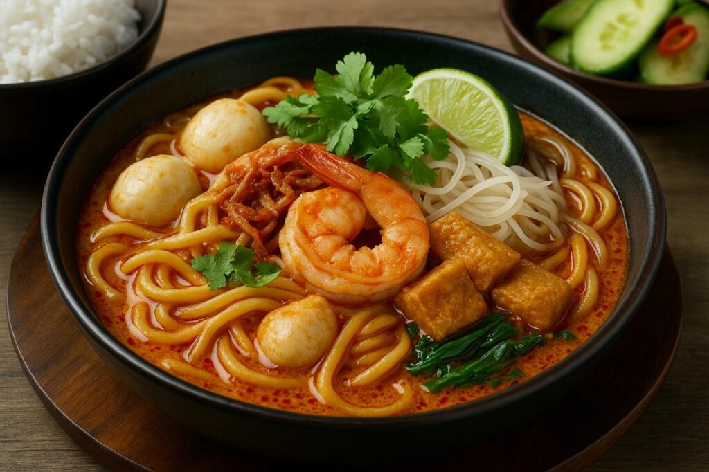 A high-resolution image of Southeast Asian laksa, featuring yellow noodles and rice noodles in a spicy curry broth, topped with prawns, tofu puffs, fish balls, fresh coriander, and a lime wedge.