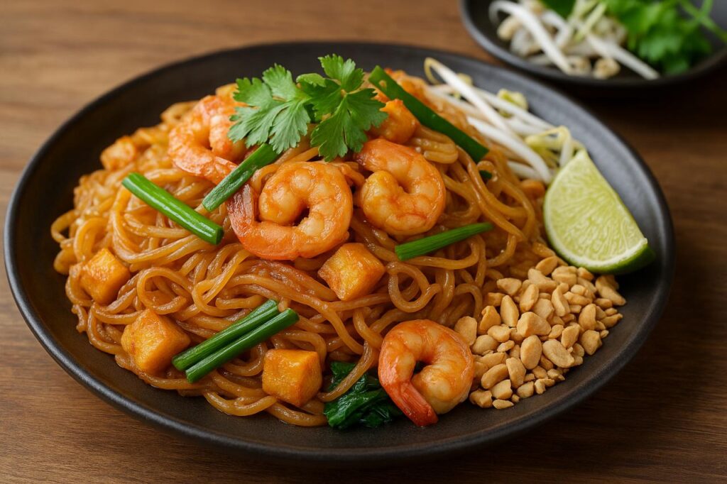 A high-resolution image of Pad Thai served on a dark ceramic plate, featuring rice noodles stir-fried with shrimp, tofu, bean sprouts, spring onions, crushed peanuts, and a lime wedge.