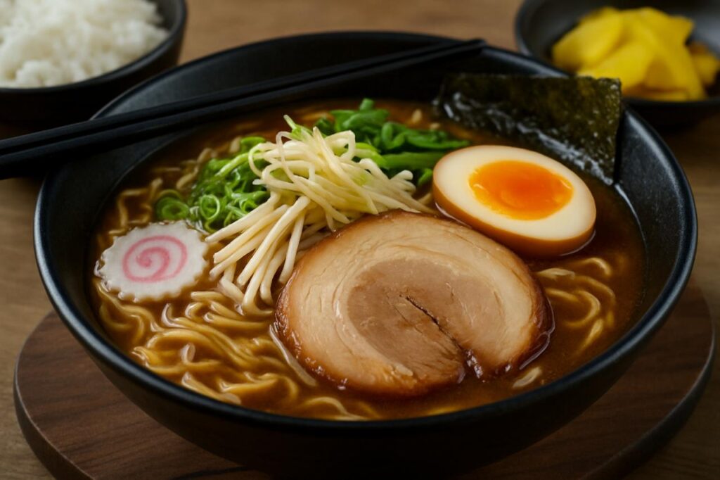 A high-resolution image of Japanese ramen served in a black bowl, featuring wavy noodles in a rich broth topped with chashu pork, marinated egg, nori, scallions, narutomaki, and enoki mushrooms.