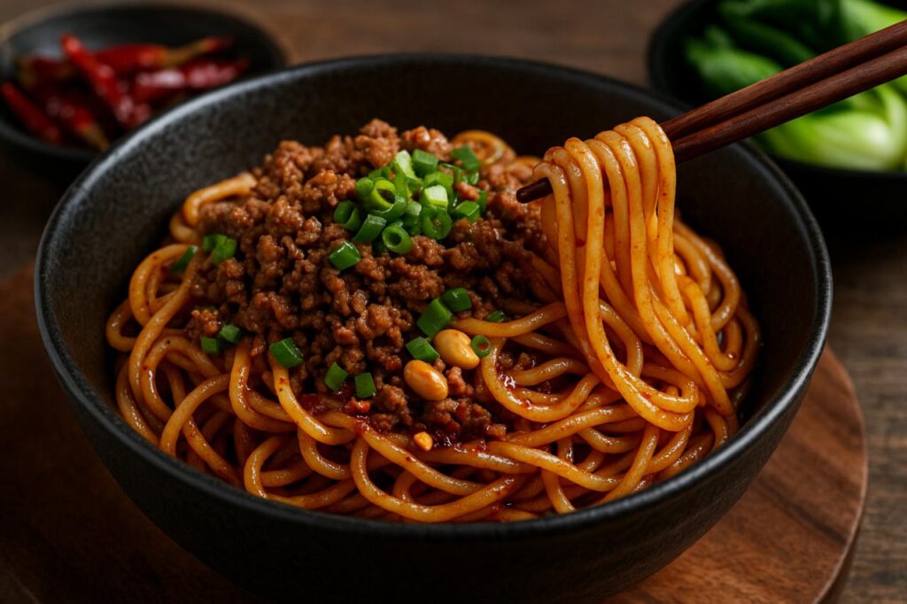 A high-resolution image of Sichuan Dan Dan noodles featuring thick wheat noodles in a spicy chilli oil sauce, topped with minced pork, chopped spring onions, and peanuts, with chopsticks lifting noodles from the bowl.