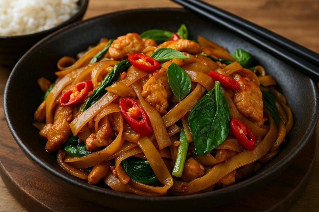 A high-resolution image of Thai Pad Kee Mao featuring wide rice noodles stir-fried with chicken, Thai basil, red chilli peppers, and vegetables in a dark, glossy sauce, served in a black ceramic bowl.





