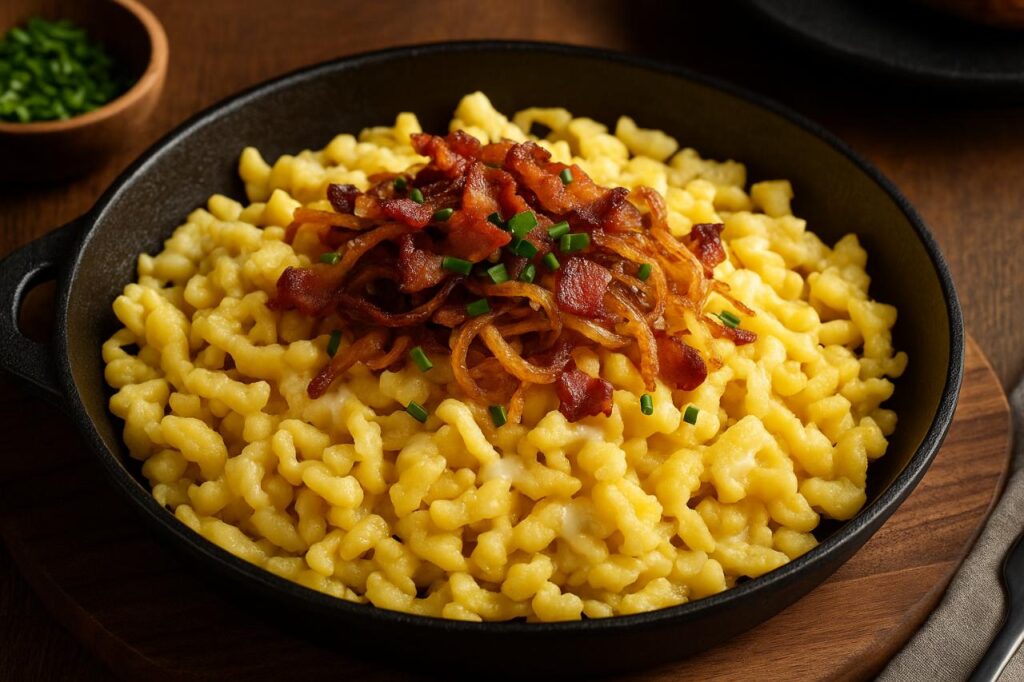 A close-up image of traditional German K&auml;sesp&auml;tzle served in a cast iron skillet, featuring soft egg noodles smothered in melted cheese, topped with crispy bacon, fried onions, and chopped chives.