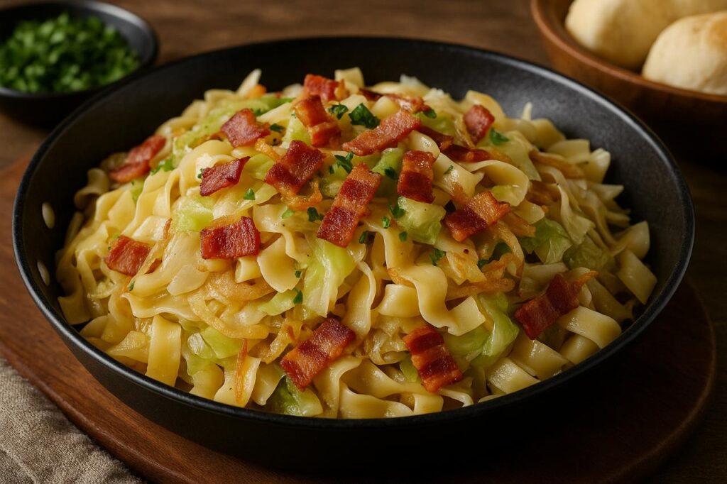 A high-resolution image of Haluski, a traditional Polish dish made with wide egg noodles, saut&eacute;ed cabbage, caramelised onions, and crispy bacon pieces, served in a black frying pan on a wooden table.
