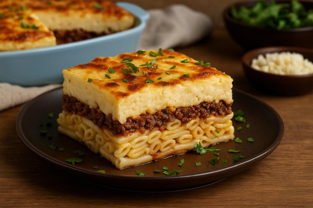  A high-resolution image of Greek Pastitsio showing layered pasta, seasoned minced meat, and golden baked b&eacute;chamel sauce, garnished with chopped parsley on a rustic ceramic plate.
