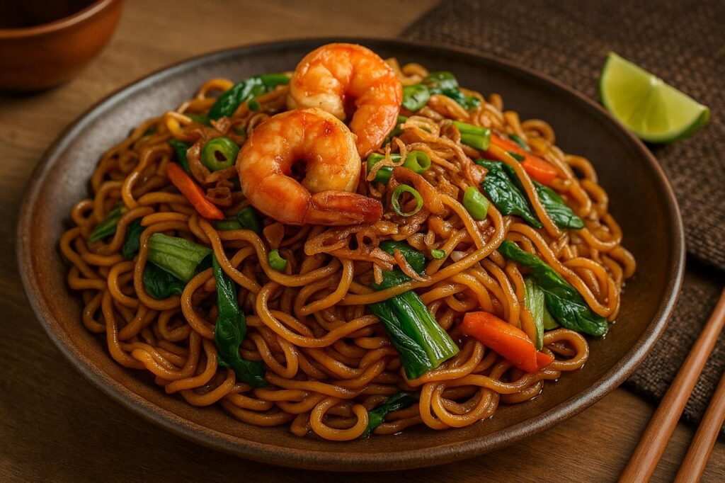 A high-resolution image of Indonesian Mie Goreng featuring stir-fried noodles with shrimp, bok choy, carrots, and green onions, garnished with fried shallots and served with a lime wedge on a rustic ceramic plate.