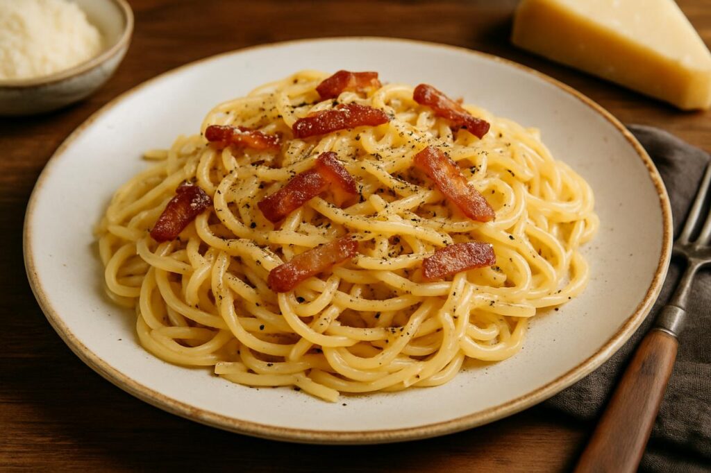 A high-resolution image of spaghetti alla carbonara topped with crispy guanciale and black pepper, served on a rustic ceramic plate with grated Pecorino Romano and a fork on the side.