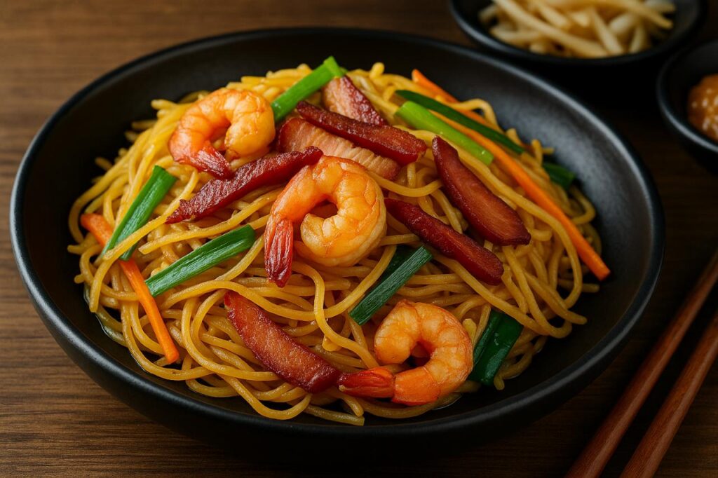 A high-resolution image of Singapore-style Mei Fun featuring stir-fried rice vermicelli with shrimp, Chinese BBQ pork, carrots, and green onions, served in a black ceramic bowl.