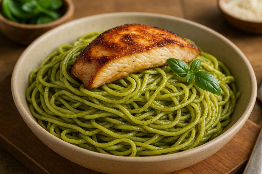 A high-resolution image of Peruvian Tallarines Verdes featuring green spaghetti in a spinach-basil sauce, topped with grilled chicken and a fresh basil garnish, served in a rustic bowl.