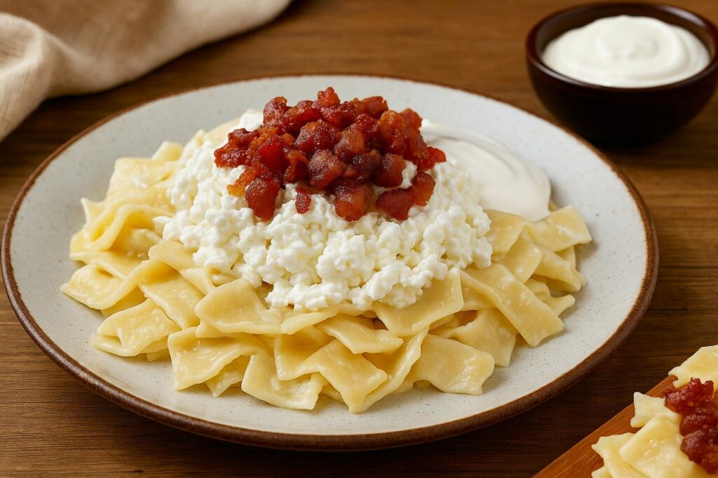  A high-resolution image of T&uacute;r&oacute;s Csusza, a Hungarian dish featuring homemade egg noodles topped with cottage cheese, crispy bacon, and a dollop of sour cream, served on a ceramic plate with a rustic background.