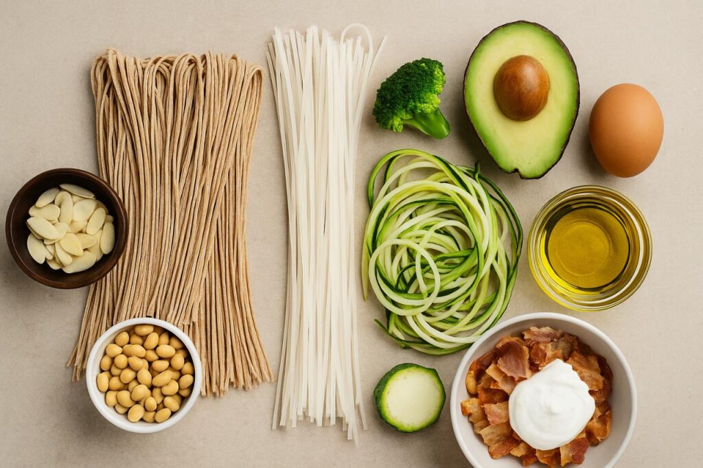 A high-resolution image displaying whole wheat noodles, rice noodles, zucchini noodles, soybeans, almonds, avocado, broccoli, olive oil, an egg, and yoghurt, all neatly arranged on a neutral background to highlight healthy noodle ingredients and alternatives.
