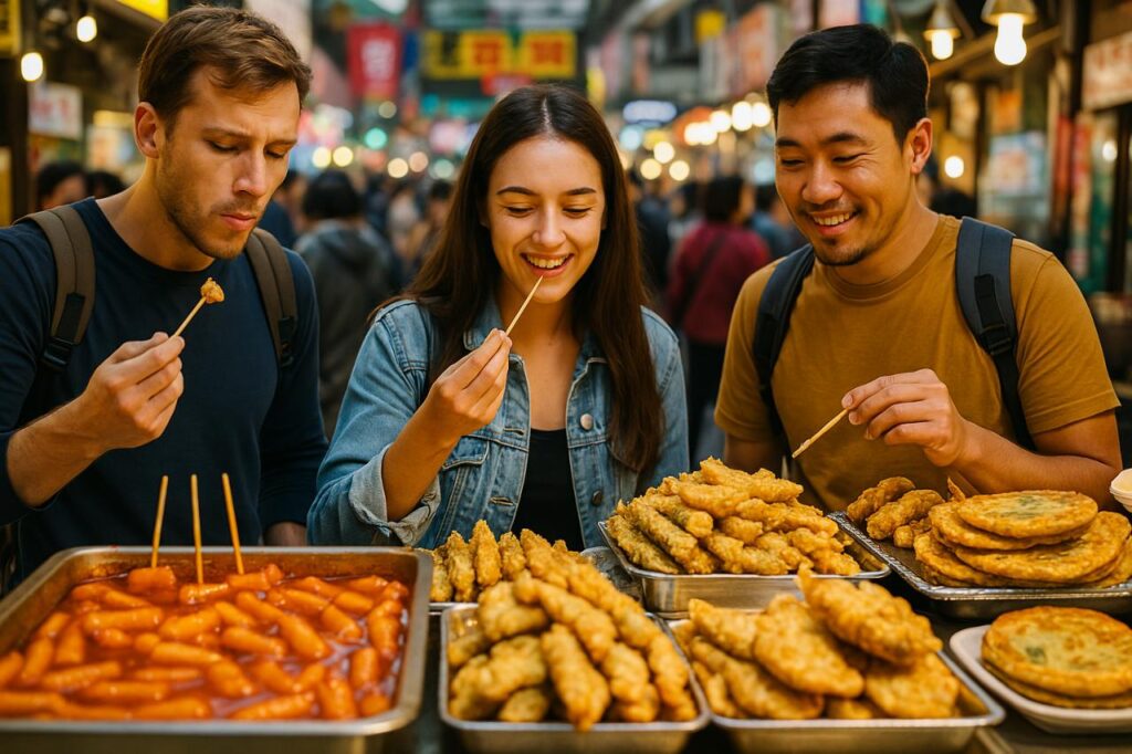 Three young adults tasting various Korean street food dishes at a vibrant food market, enjoying the authentic flavours of local delicacies like tteokbokki and kimbap.