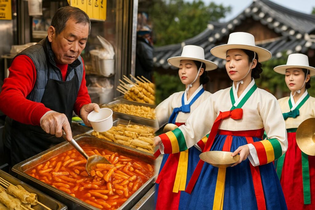A Korean street food vendor selling various traditional snacks, with colourful displays of tteokbokki, fish cakes, and other popular dishes, reflecting the cultural significance of Korean street food.