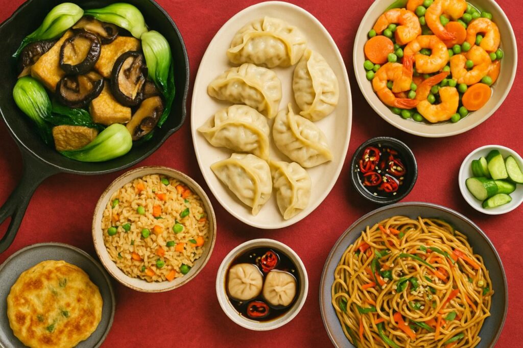 Assorted Chinese New Year dishes showcasing regional and modern variations including dumplings, longevity noodles, stir-fried tofu with mushrooms, fried rice, shrimp with vegetables, and scallion pancakes on a red festive background.