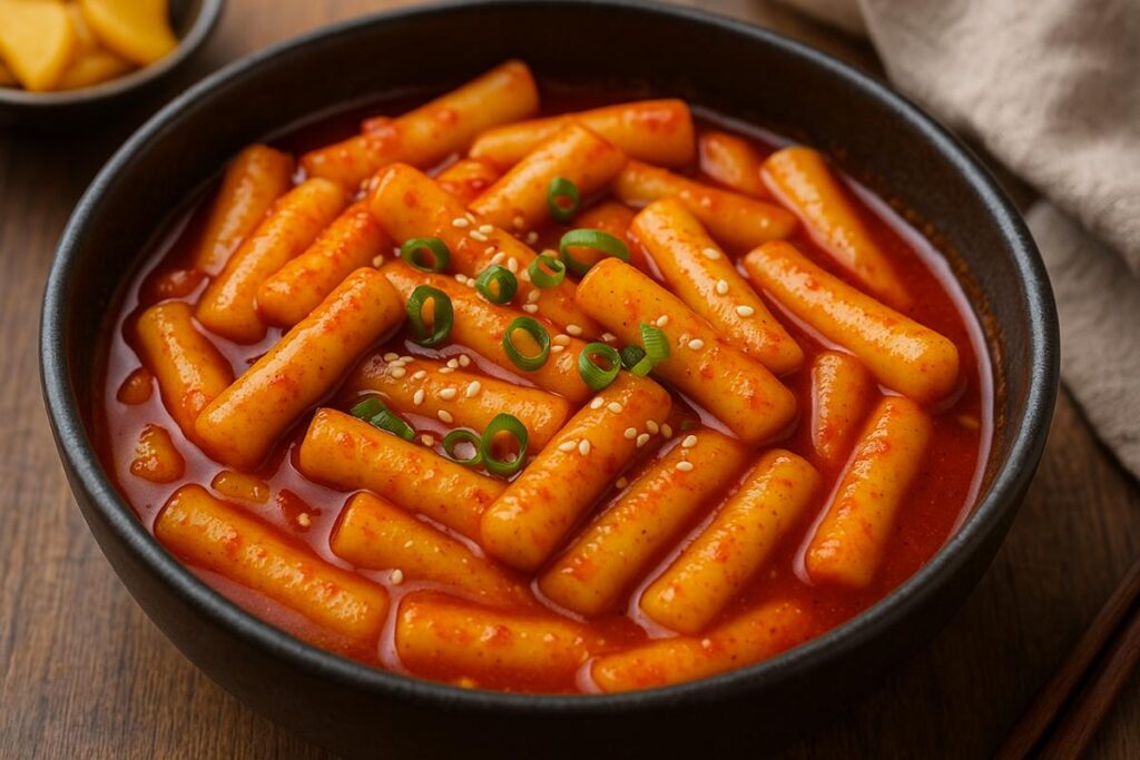 A close-up of tteokbokki, spicy rice cakes drenched in a red-orange sauce, garnished with scallions, sesame seeds, and pickled yellow radish on the side.