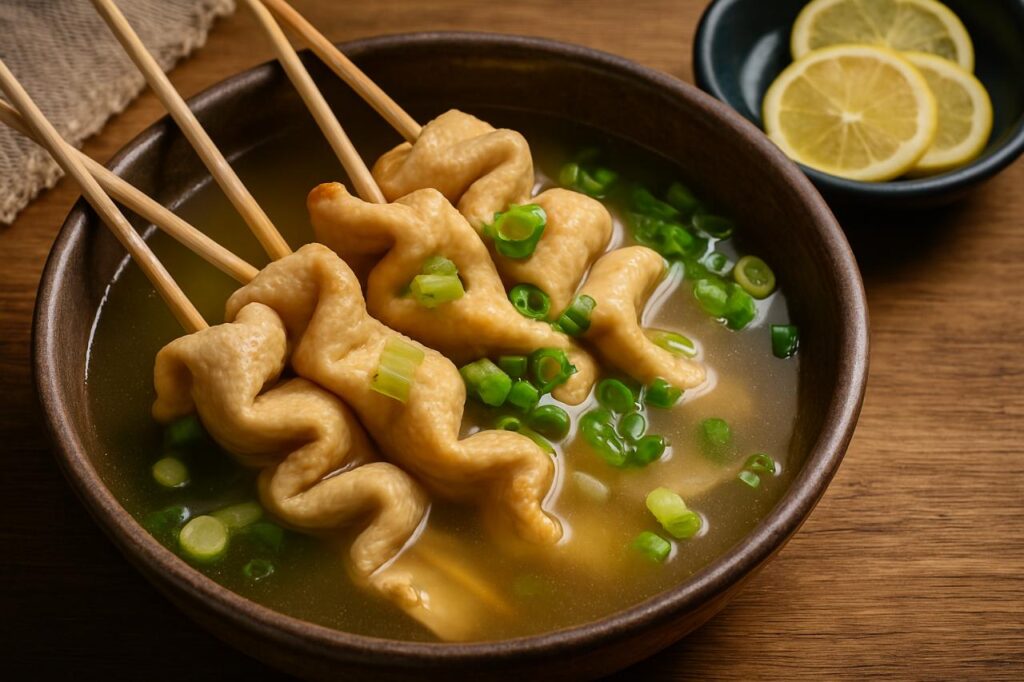 A close-up of Korean eomuk (fish cakes) served in a rustic bowl with skewered fish cakes over clear broth, garnished with green onions and accompanied by lemon slices. Korean street food. 