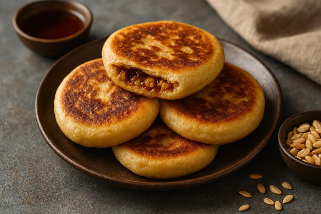 Three golden-brown hotteok, Korean sweet pancakes, filled with caramelized nuts and sugar, served on a rustic ceramic plate with dark amber sauce and roasted sunflower seeds. Korean street food.