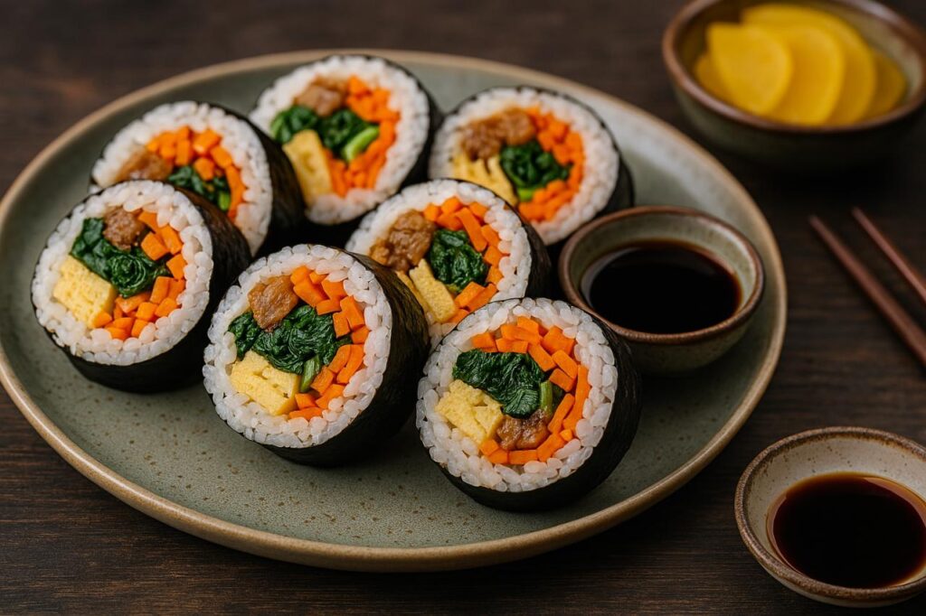 A plate of kimbap, Korean sushi rolls, with thick slices showcasing colourful fillings, glossy seaweed wraps, and served with soy sauce and pickled radish on the side. Korean street food.