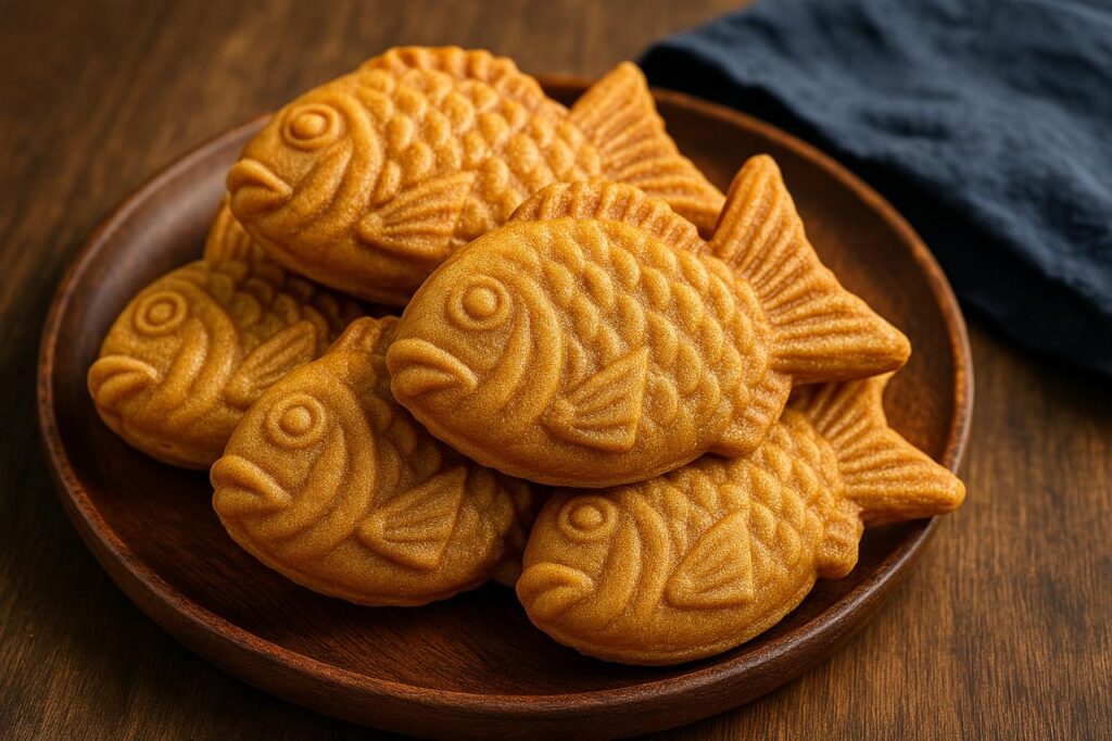 Several freshly baked bungeoppang (fish-shaped pastries) filled with sweet red bean paste, arranged on a wooden tray, showcasing their golden-brown crispy exterior. Korean street food.