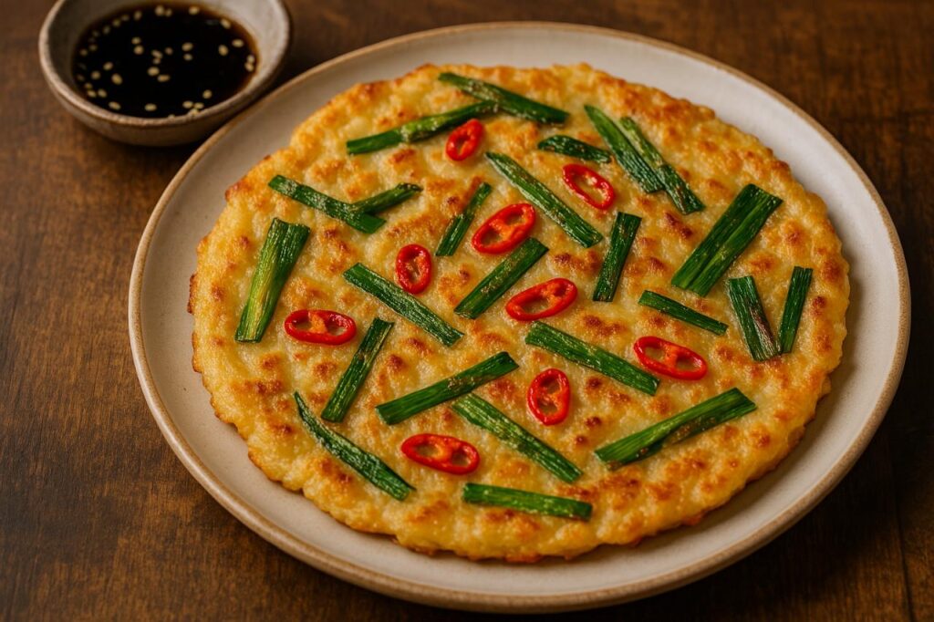 A golden-brown pajeon (savory pancake) served on a white plate, garnished with green onions, crispy edges, and a soy-based dipping sauce on the side. Korean street food.