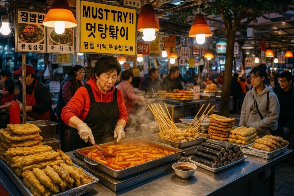 A bustling Korean street food market scene with vibrant food stalls, busy shoppers, and vendors serving popular dishes like tteokbokki, fish cakes, and kimbap.