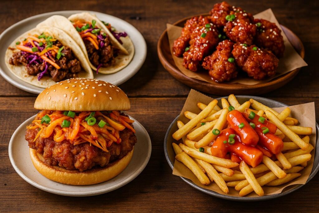 A collection of Korean fusion dishes, including Korean tacos, kimchi burgers, and Korean-inspired fried chicken, showcasing the global influence of Korean street food
