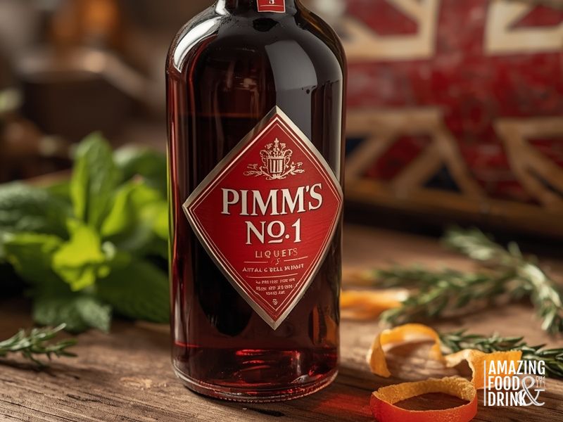 Pimm's No. 1 gin-based liqueur bottle showing the distinctive crimson colour and classic British label