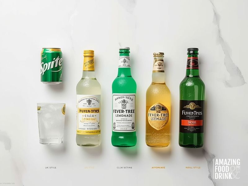 Comparison of mixer options for Pimm's Cup showing British clear lemonade, American lemon-lime soda alternatives, and ginger ale for New Orleans style