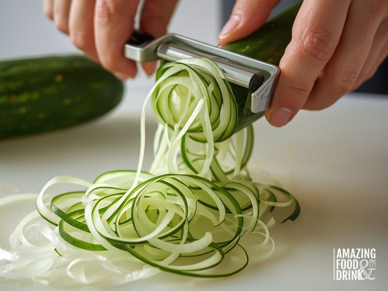 Hands using a vegetable peeler to create thin cucumber ribbons for Pimm's Cup garnish