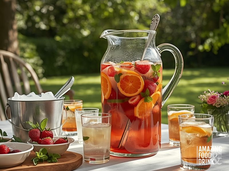 Glass pitcher filled with Pimm's Cup and fresh fruit for garden party serving, surrounded by glasses, ice bucket, and extra garnishes