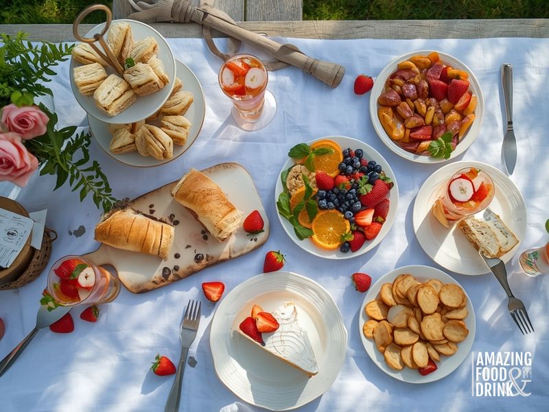 British garden party spread featuring Pimm's Cup cocktails with traditional finger sandwiches, sausage rolls, cheese, crackers, and Victoria sponge cake